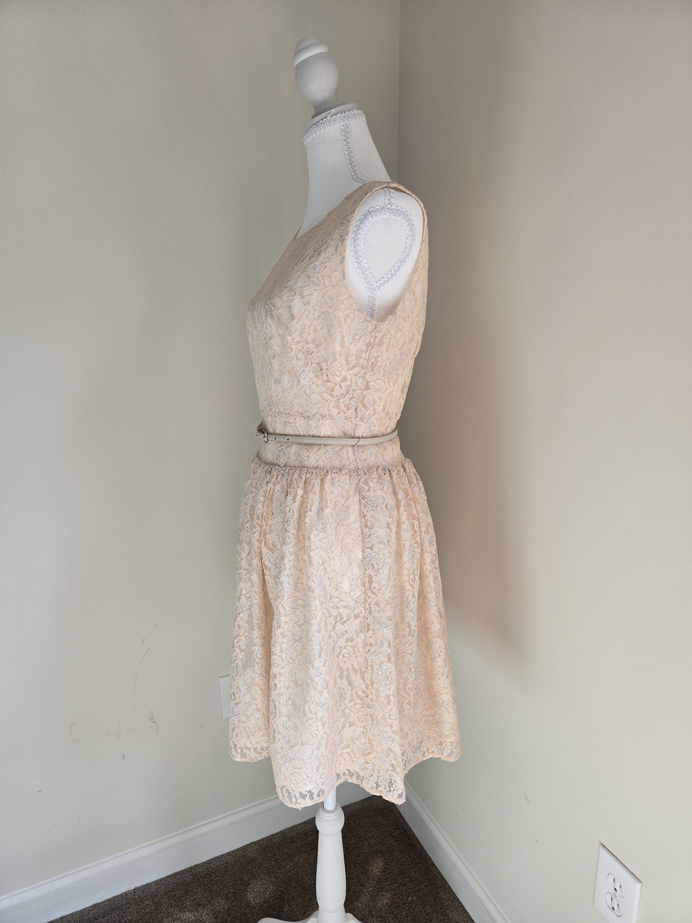 Ann Taylor LOFT Blush & Silver Lace Fit & Flare Dress with Belt, Size 2